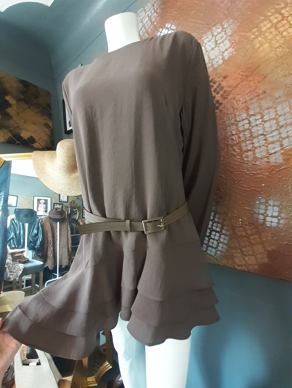 Zara Nwt Belted Women's Brown Long-Sleeve Tiered Dress